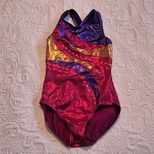 Balera Dancewear child medium foil leotard EUC gold, red, purple gems